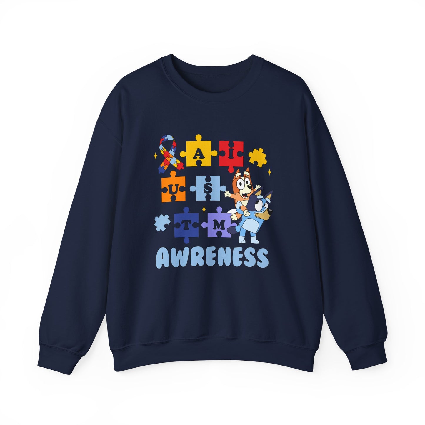 Autism Awareness Crewneck Sweatshirt — Puzzle Ribbon Support Design