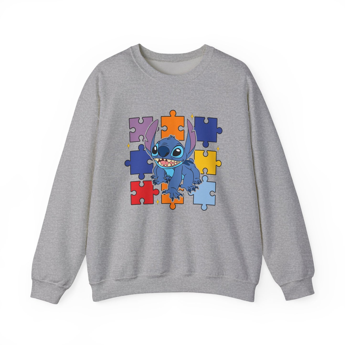 Stitch Puzzle Crewneck Sweatshirt — Cute Blue Alien on Colorful Jigsaw Design