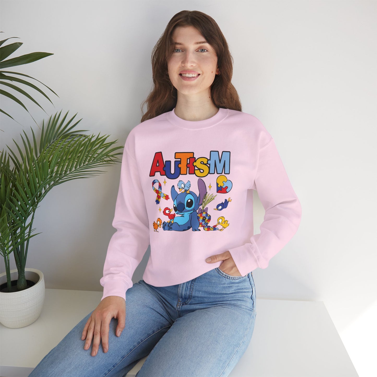 Autism Awareness Crewneck Sweatshirt — Colorful Puzzle Ribbon Stitch-Inspired Design