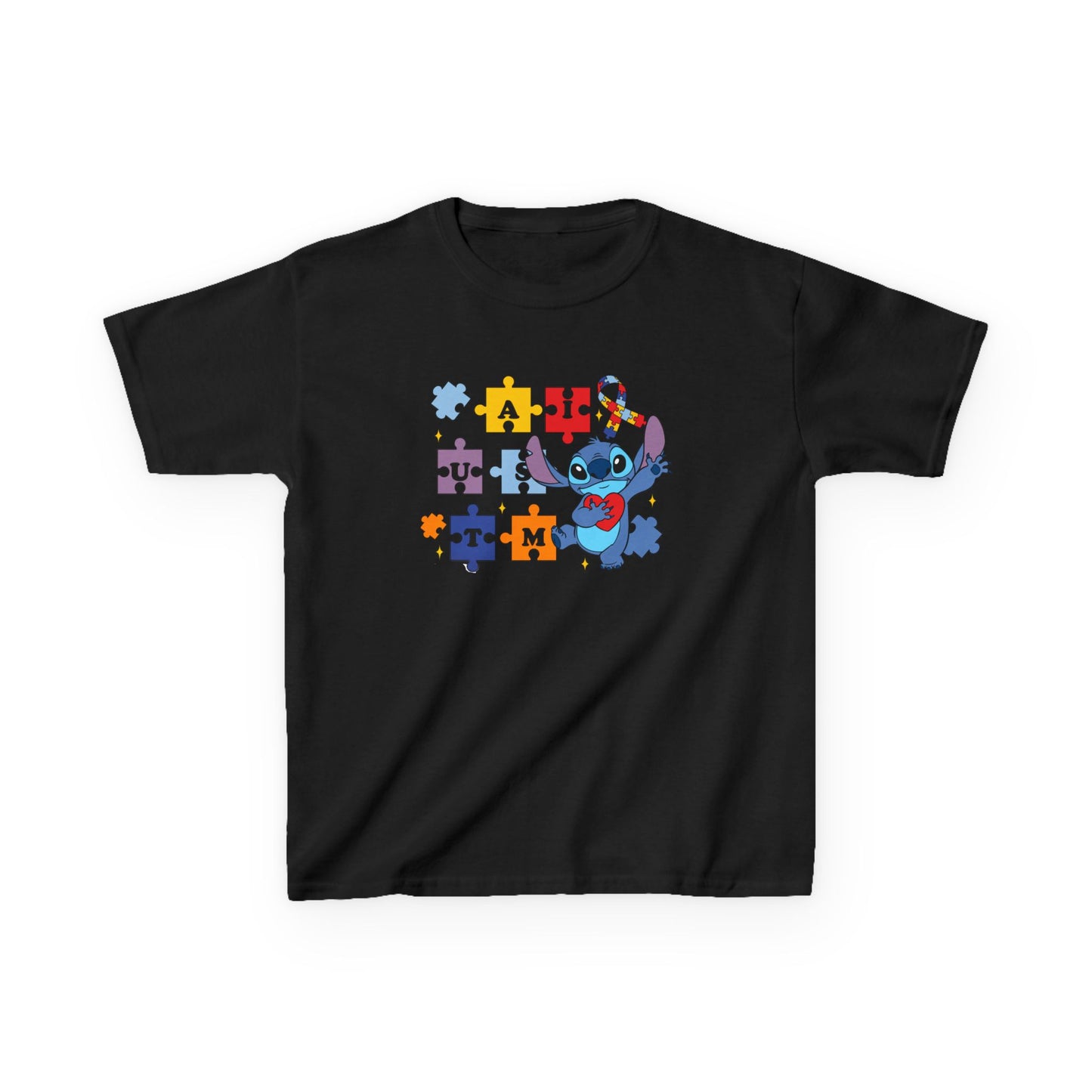 Autism Puzzle Ribbon Kids Tee — Cute Stitch Awareness T-Shirt