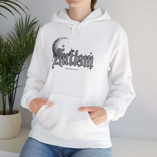 Autism Moon Hoodie — Gothic Script Awareness Sweatshirt