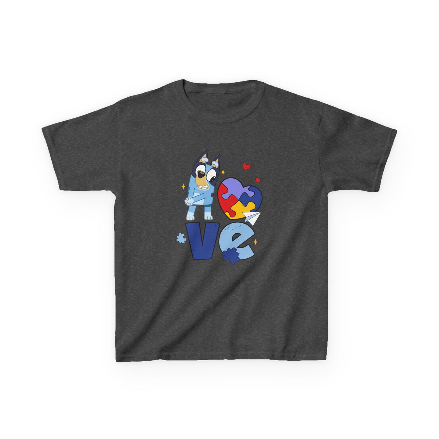 Kids Tee — 'LOVE' Puzzle Heart & Cartoon Character Autism Awareness Shirt
