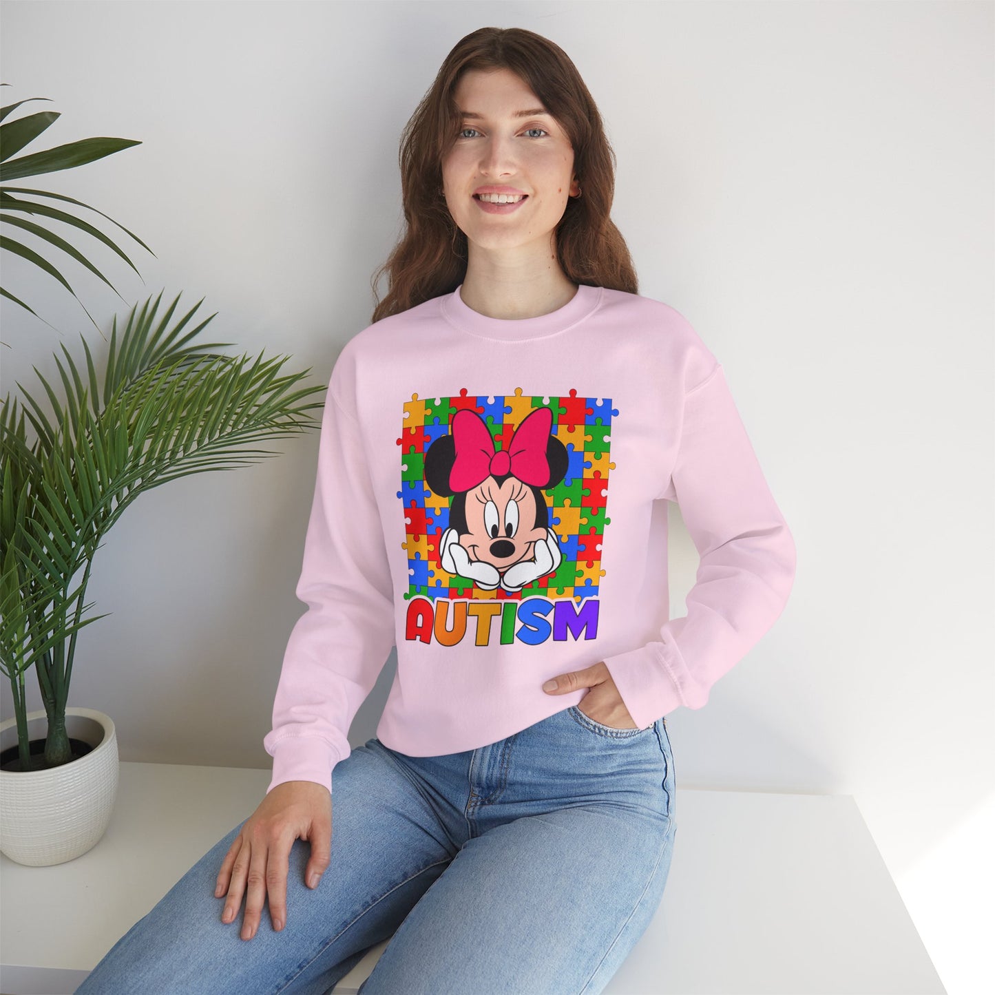 Autism Awareness Sweatshirt — Rainbow Puzzle Heart Character Design