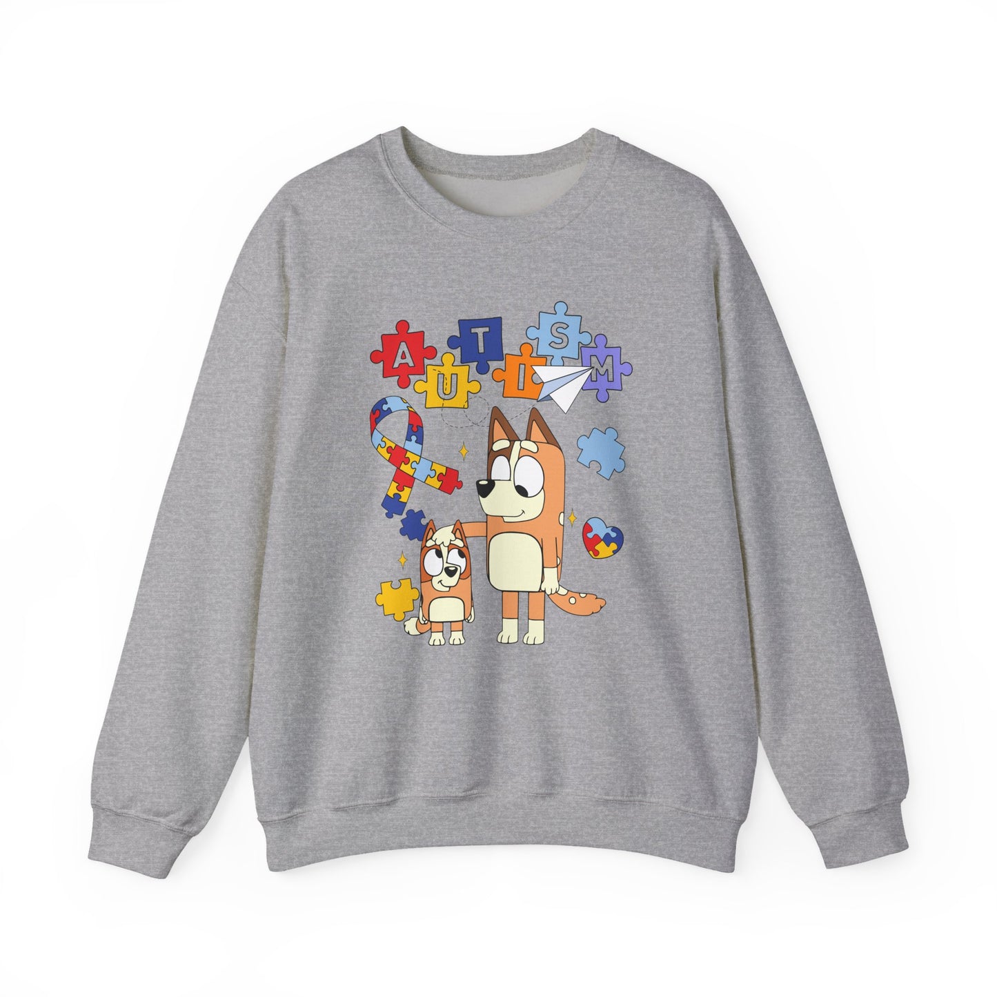 Autism Awareness Crewneck Sweatshirt — Puzzle Ribbon & Cartoon Dogs