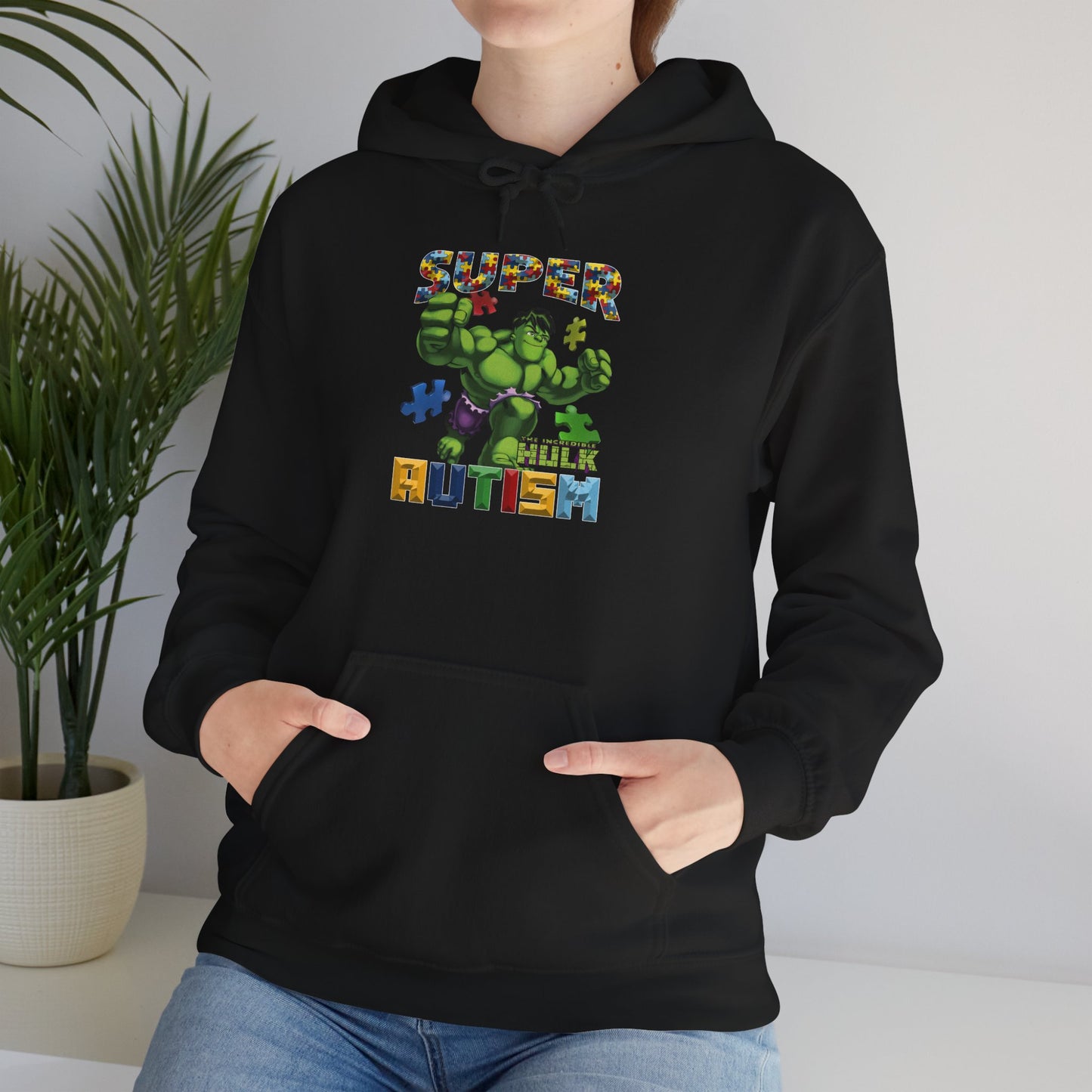 Autism Superhero Hoodie — "Super 4 Autism" Puzzle-Pattern Support Pullover