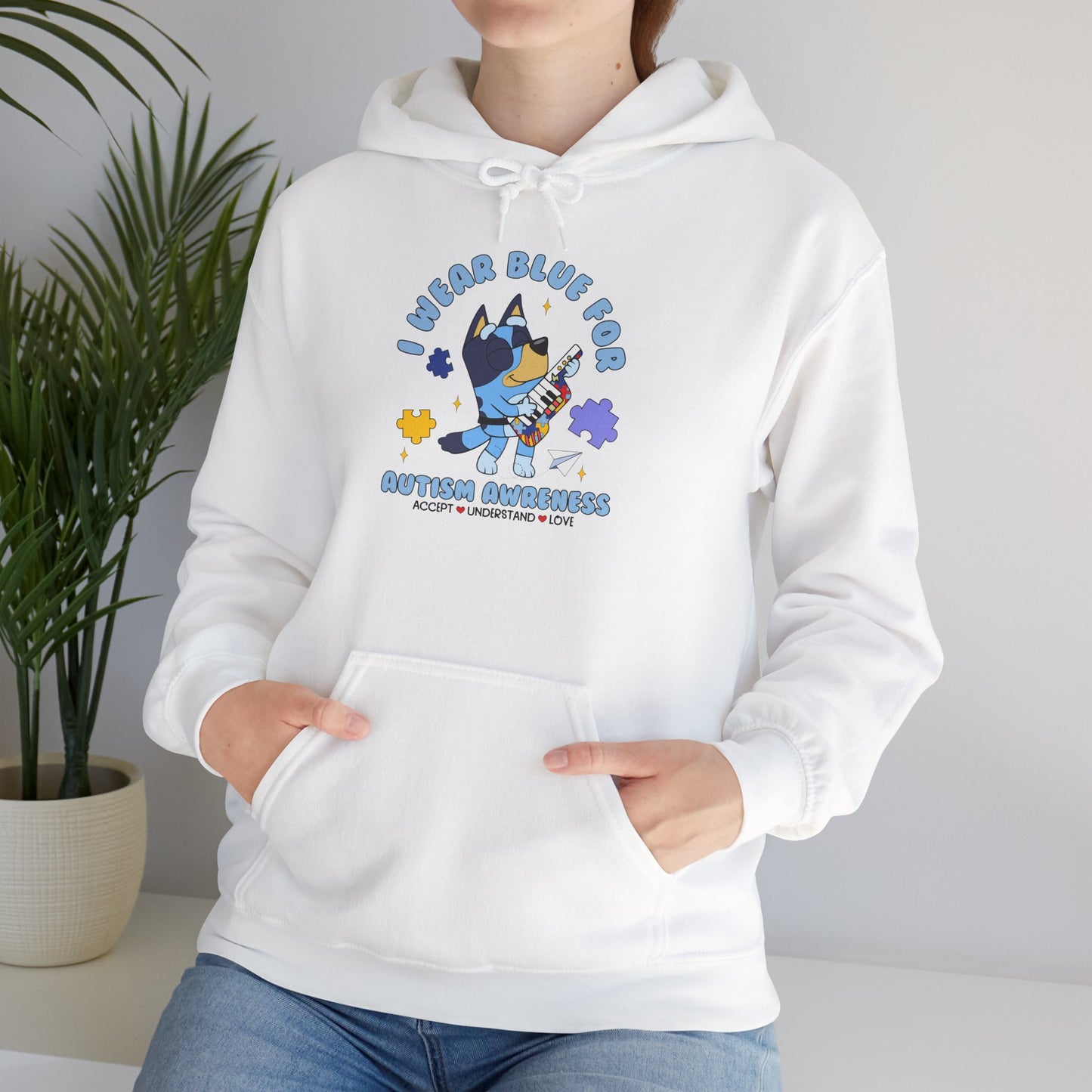 Hoodie — Cute Blue Dog “I Wear Blue for Autism” Graphic Hoodie (Cozy Pet Lover Gift)
