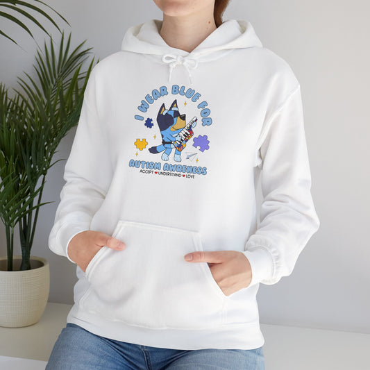 Hoodie — Cute Blue Dog “I Wear Blue for Autism” Graphic Hoodie (Cozy Pet Lover Gift)