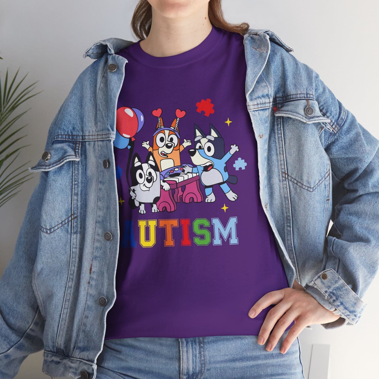 Autism Awareness Kids Tee — Colorful Cartoon Characters with 'AUTISM' Text