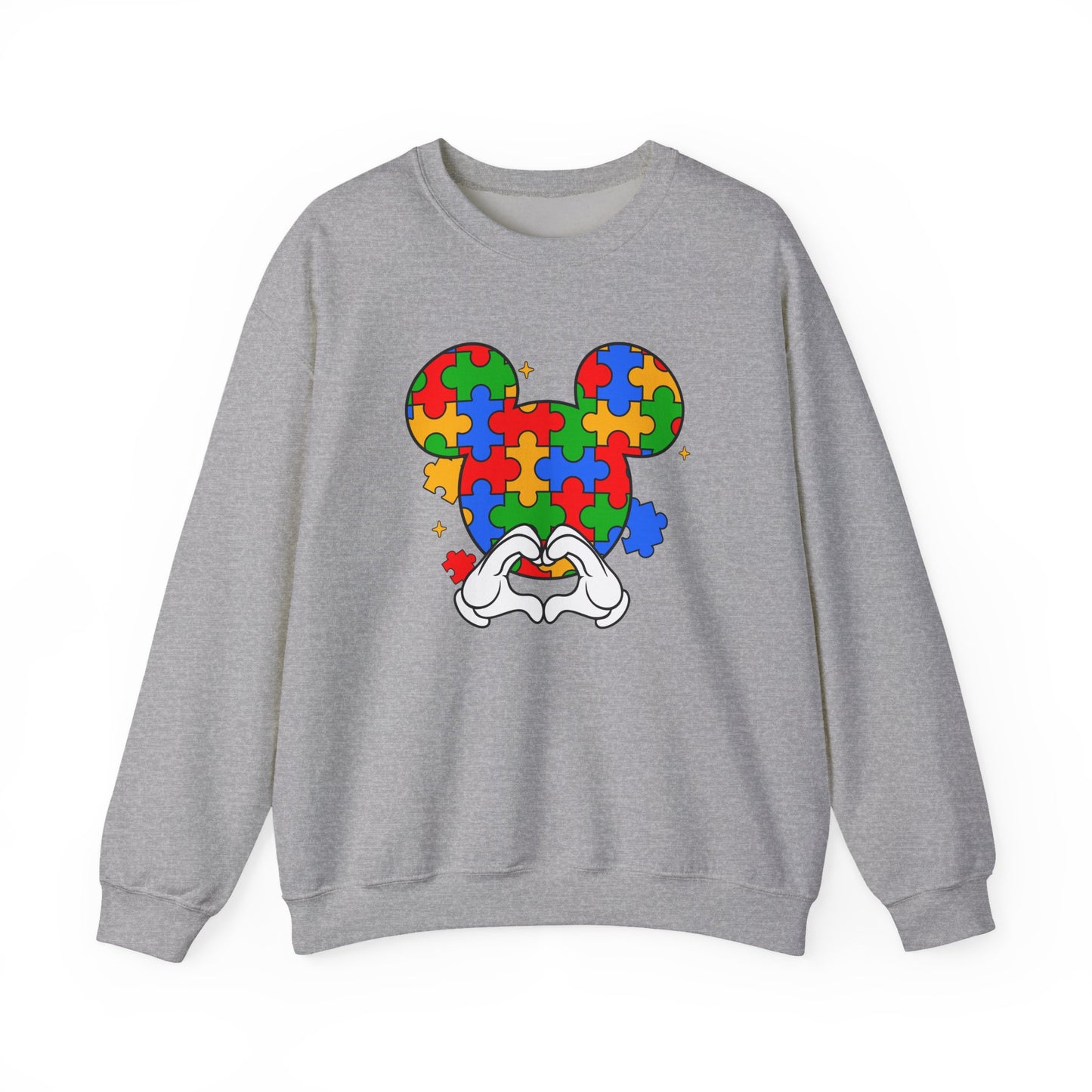 Autism Puzzle Mouse Crewneck Sweatshirt – Colorful Heart Hands Design