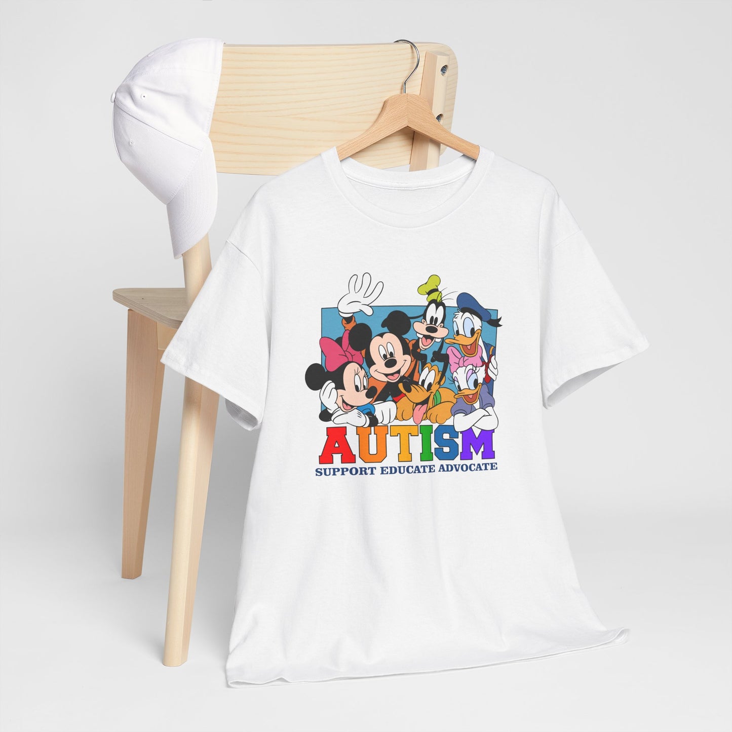 Autism Awareness T-Shirt — "AUTISM: Support Educate Advocate" with Cartoon Characters