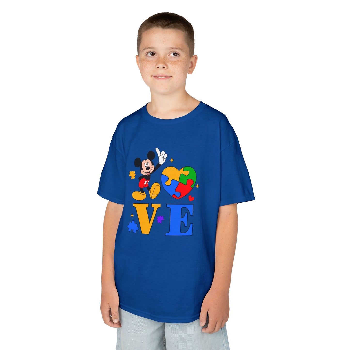 Kids Autism Awareness LOVE T‑Shirt — Puzzle Heart & Cartoon Character Design