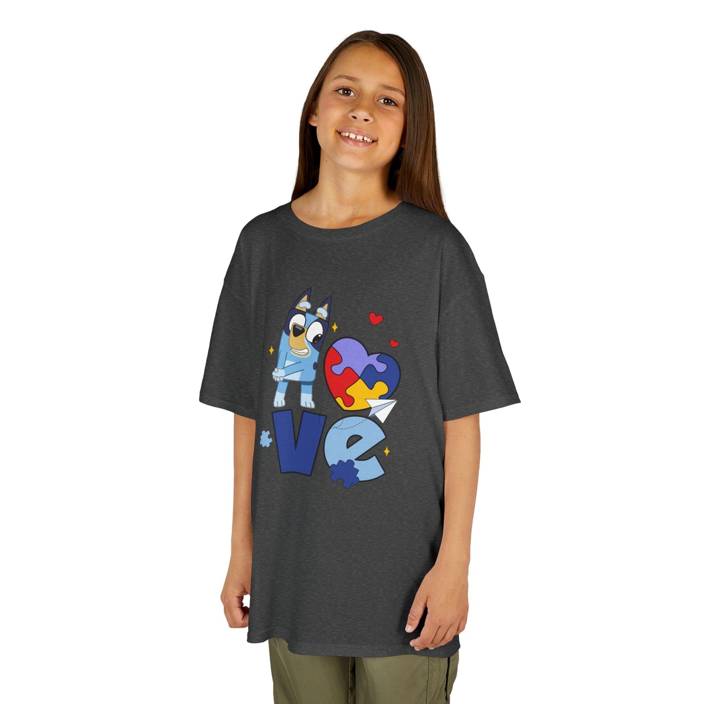 Kids Tee — 'LOVE' Puzzle Heart & Cartoon Character Autism Awareness Shirt