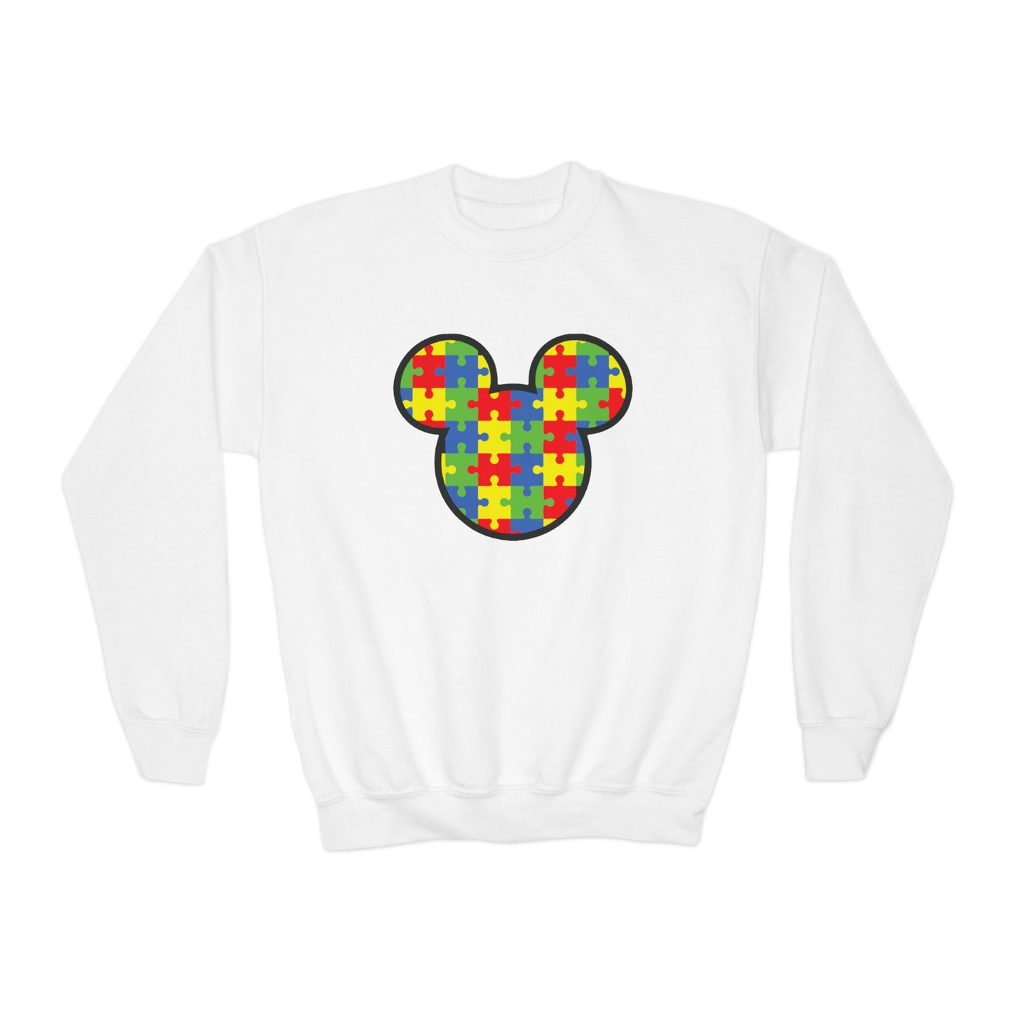 Puzzle Mickey Youth Crewneck Sweatshirt - Colorful Autism Awareness Design