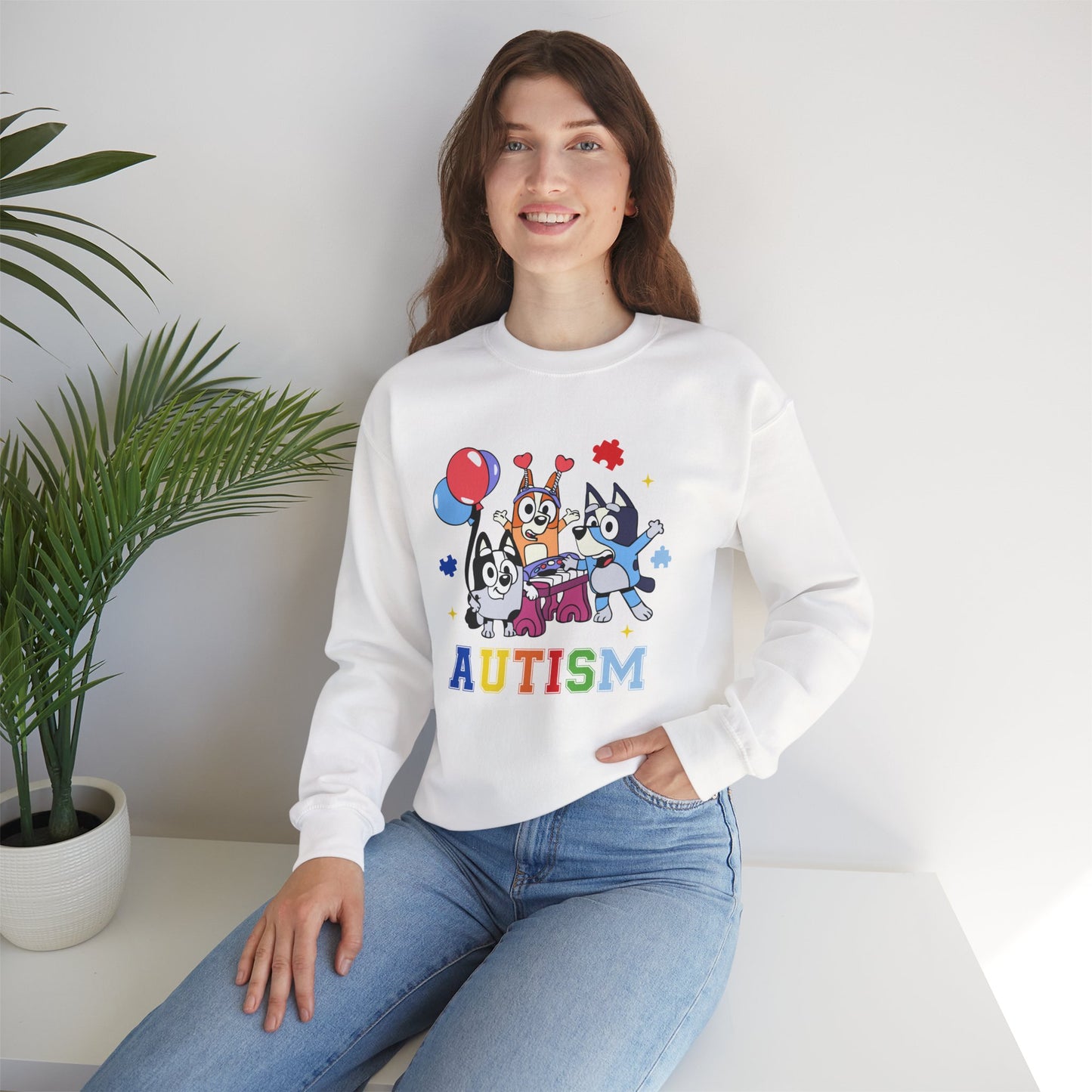 Autism Support Crewneck Sweatshirt — Colorful Bluey-Style Characters & 'AUTISM' Design