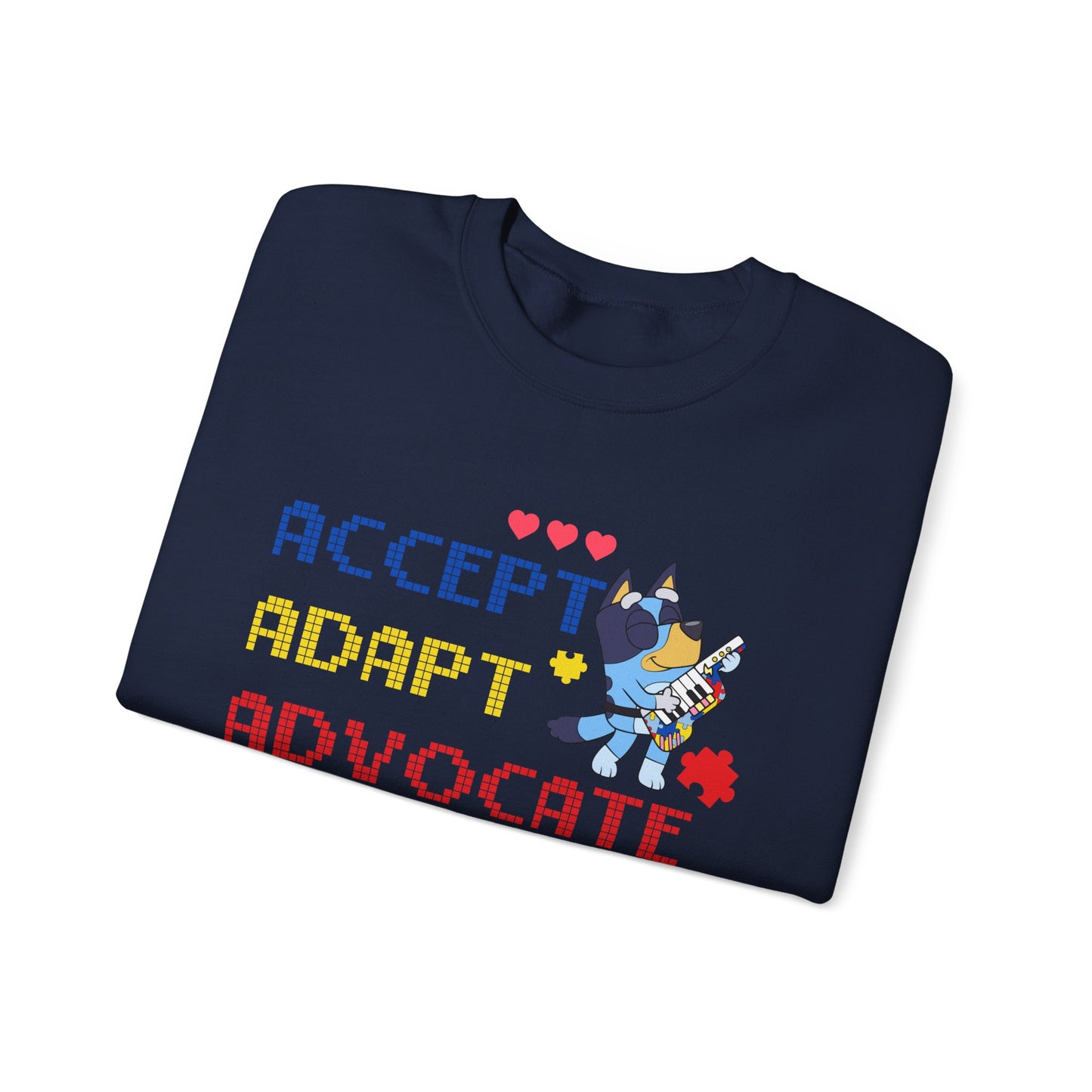 Accept Adapt Advocate Crewneck Sweatshirt — Autism Awareness Sweatshirt with Cute Character