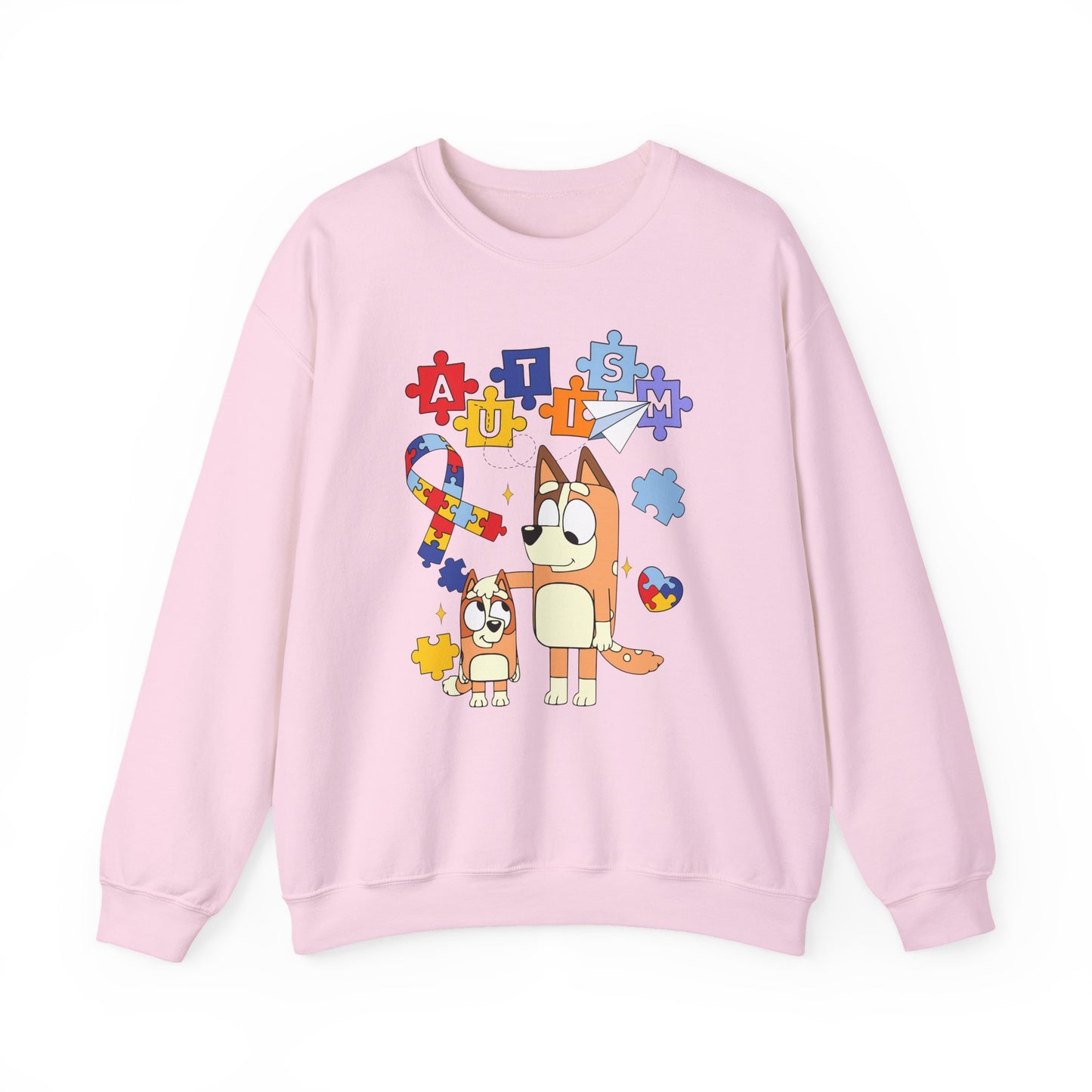 Autism Awareness Crewneck Sweatshirt — Puzzle Ribbon & Cartoon Dogs