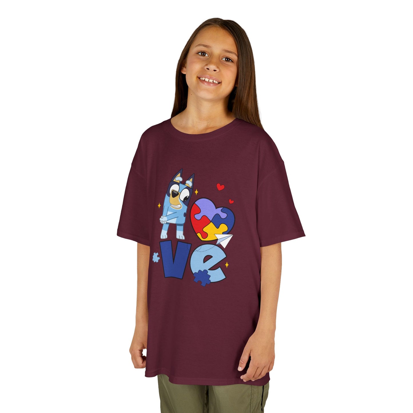 Kids Tee — 'LOVE' Puzzle Heart & Cartoon Character Autism Awareness Shirt
