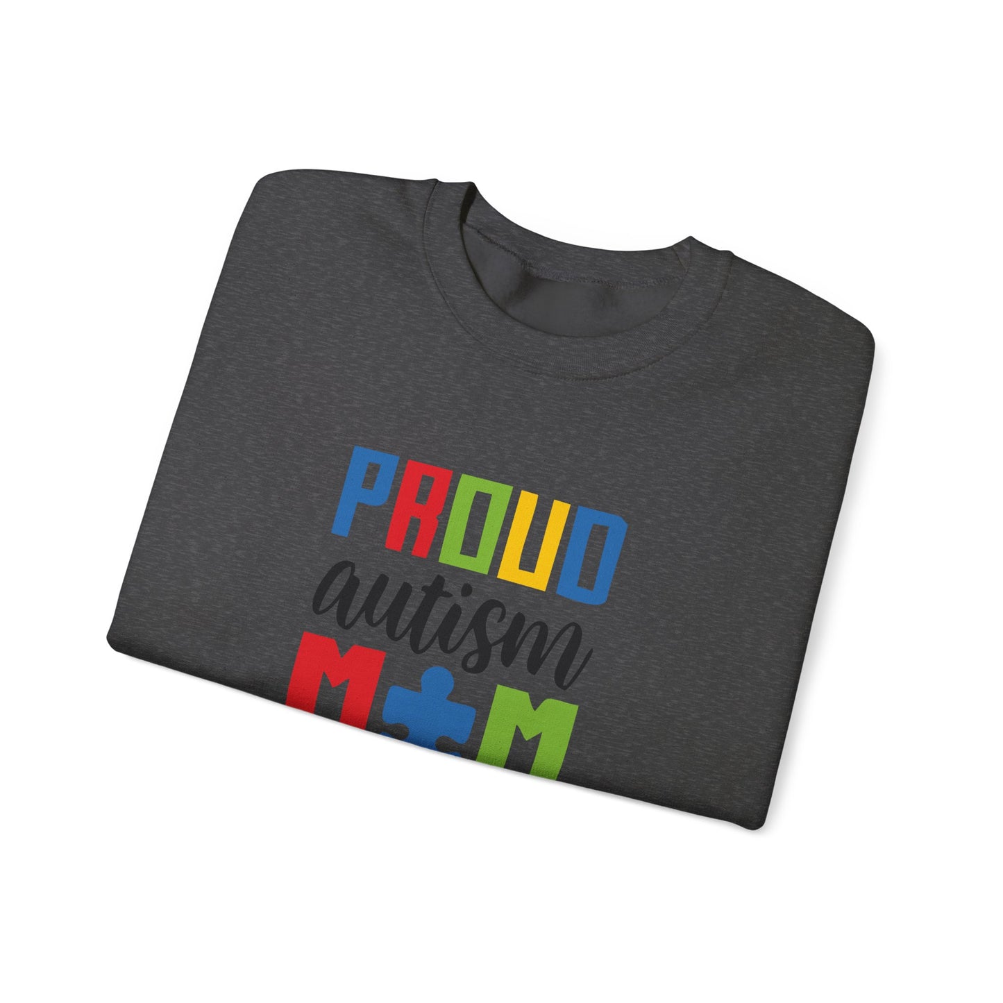 Crewneck Sweatshirt — "Proud Autism Mom" Colorful Puzzle Piece Design