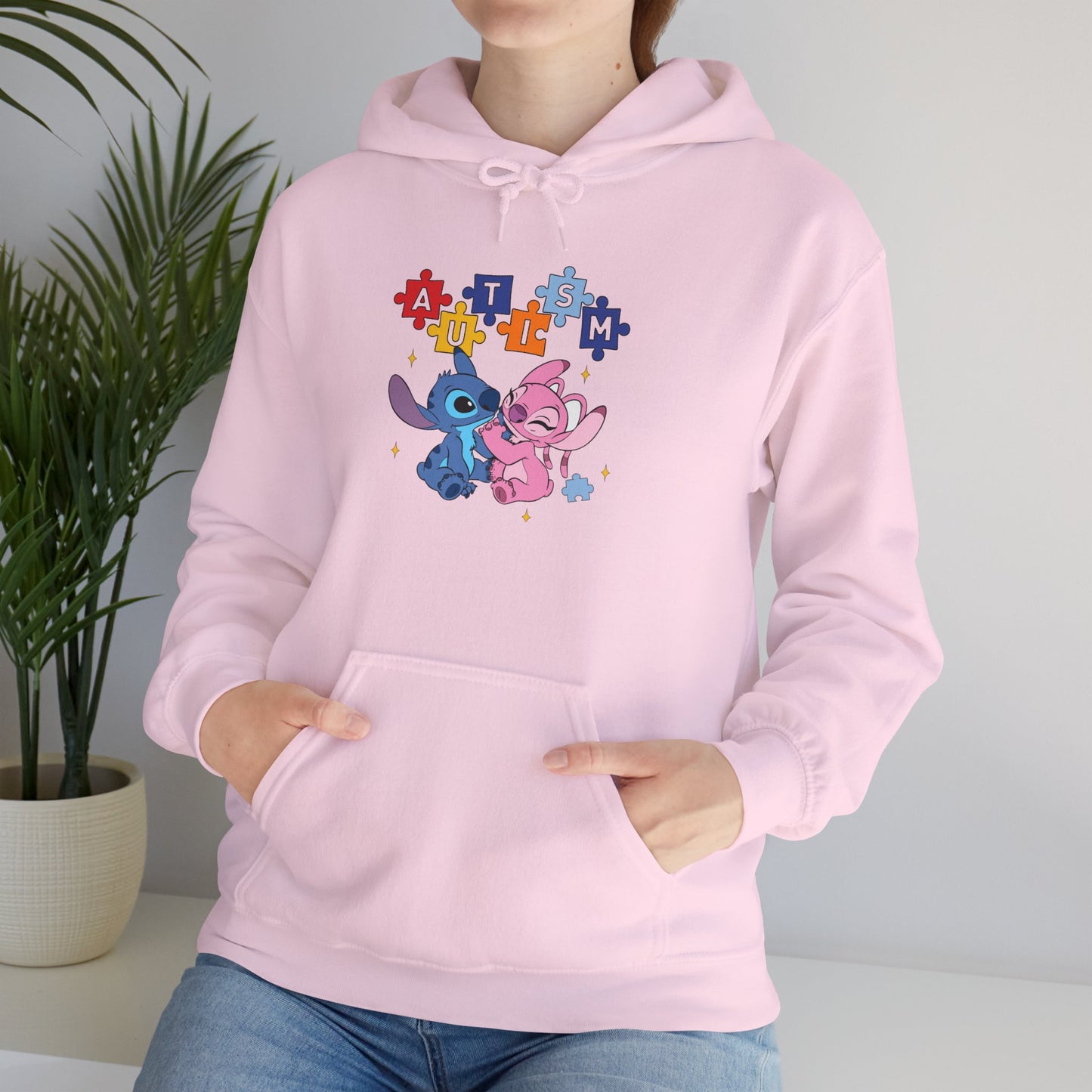 Cute Alien Pals Hoodie — Pink & Blue Cartoon Stitch-Style Characters with Puzzle Heart