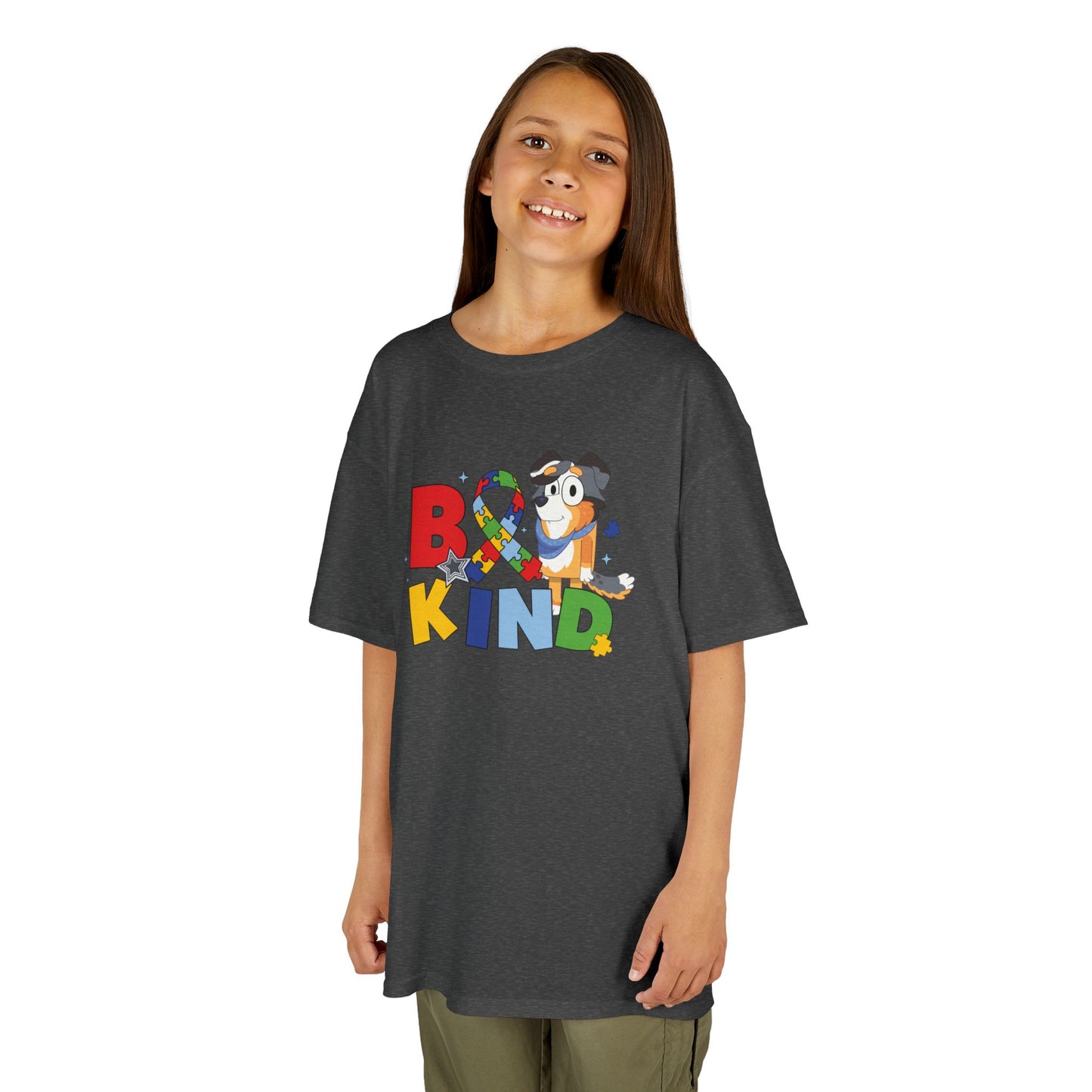 Kids Tee — "Be Kind" Colorful Autism Awareness Ribbon Design