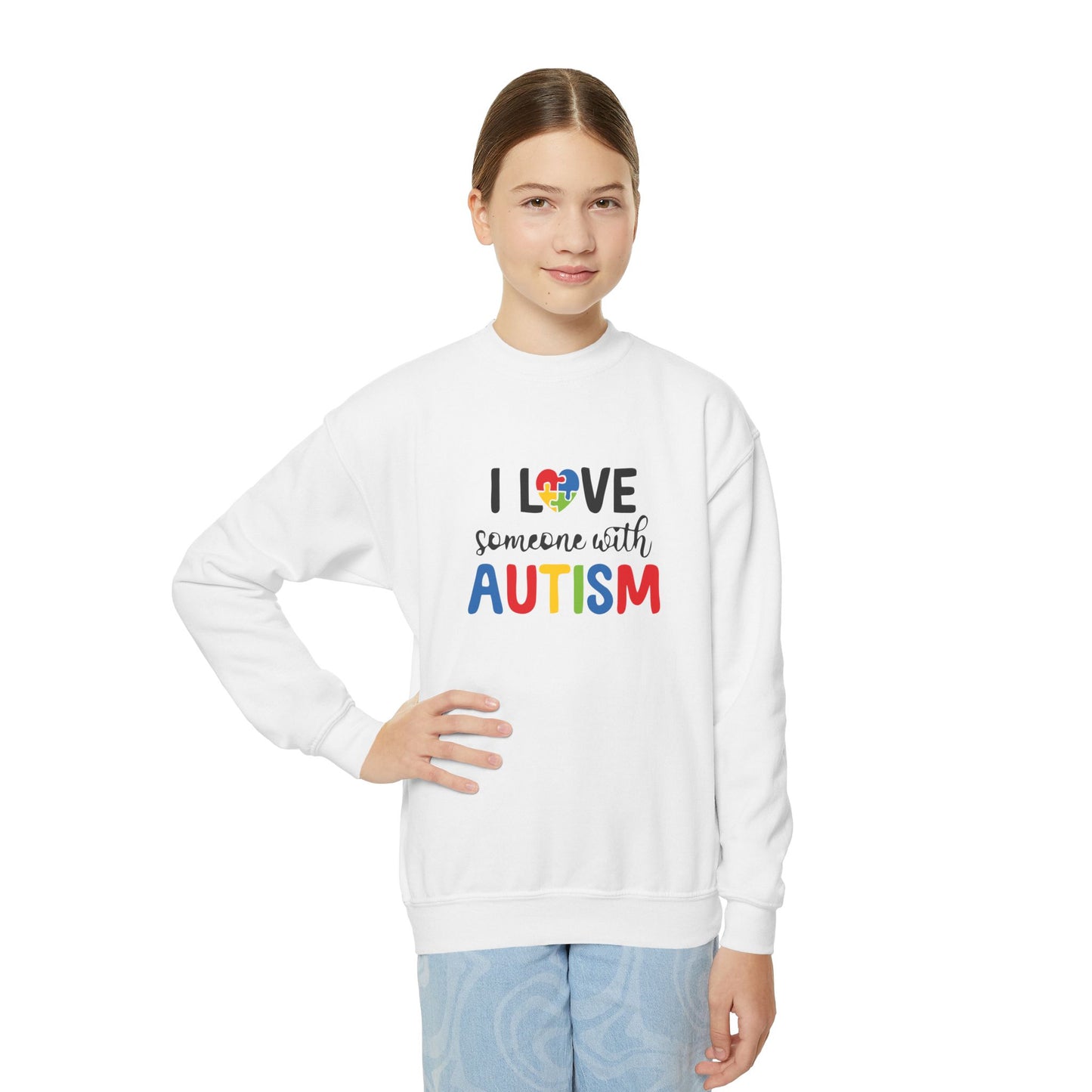 Autism Awareness Youth Crewneck Sweatshirt - I Love Someone with Autism