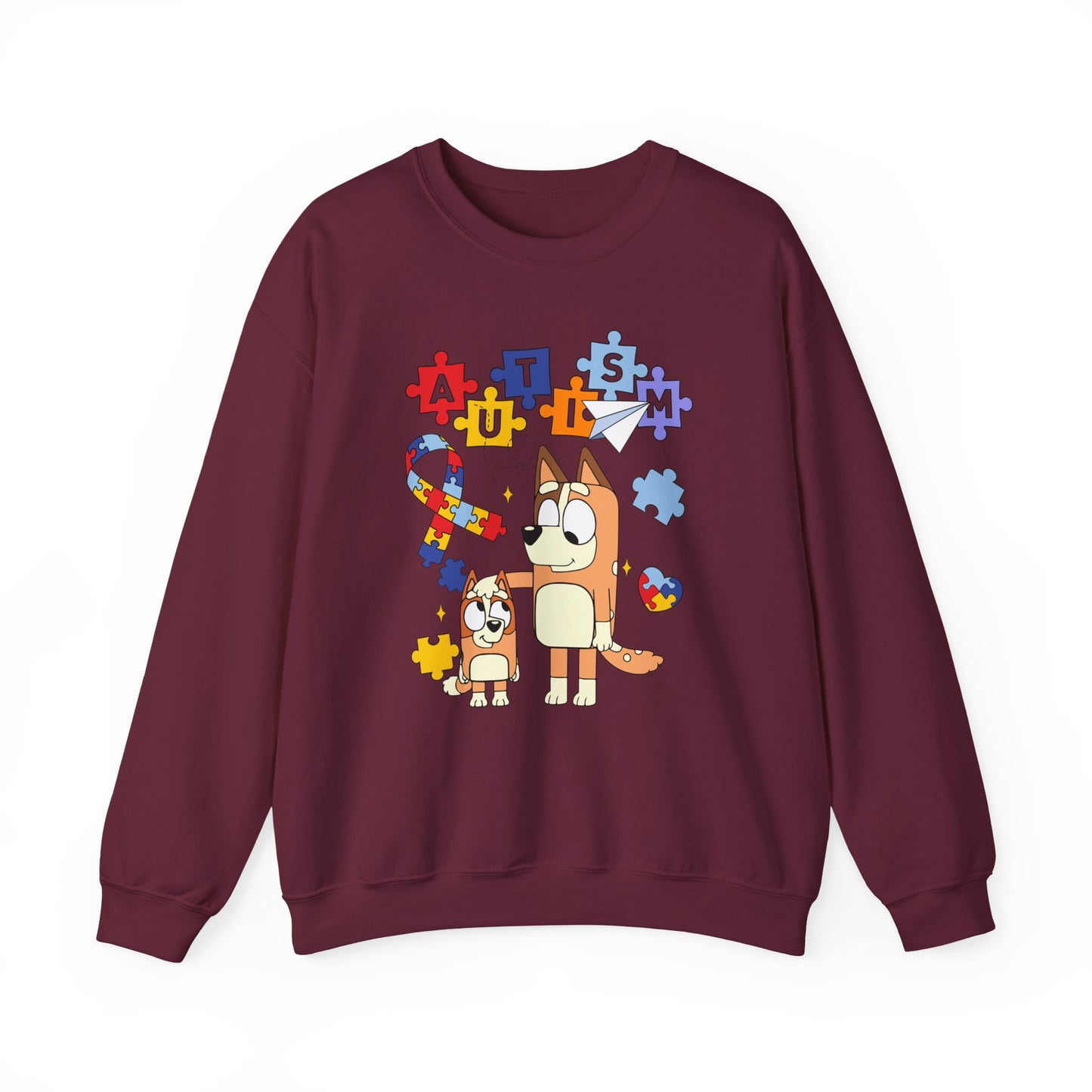 Autism Awareness Crewneck Sweatshirt — Puzzle Ribbon & Cartoon Dogs