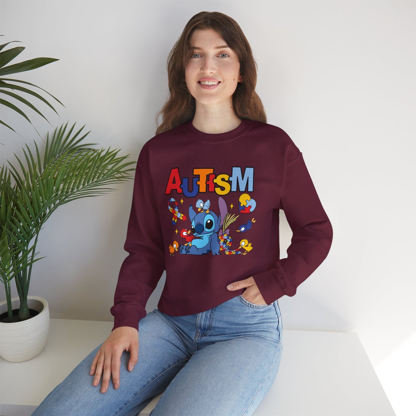 Autism Awareness Crewneck Sweatshirt — Colorful Puzzle Ribbon Stitch-Inspired Design
