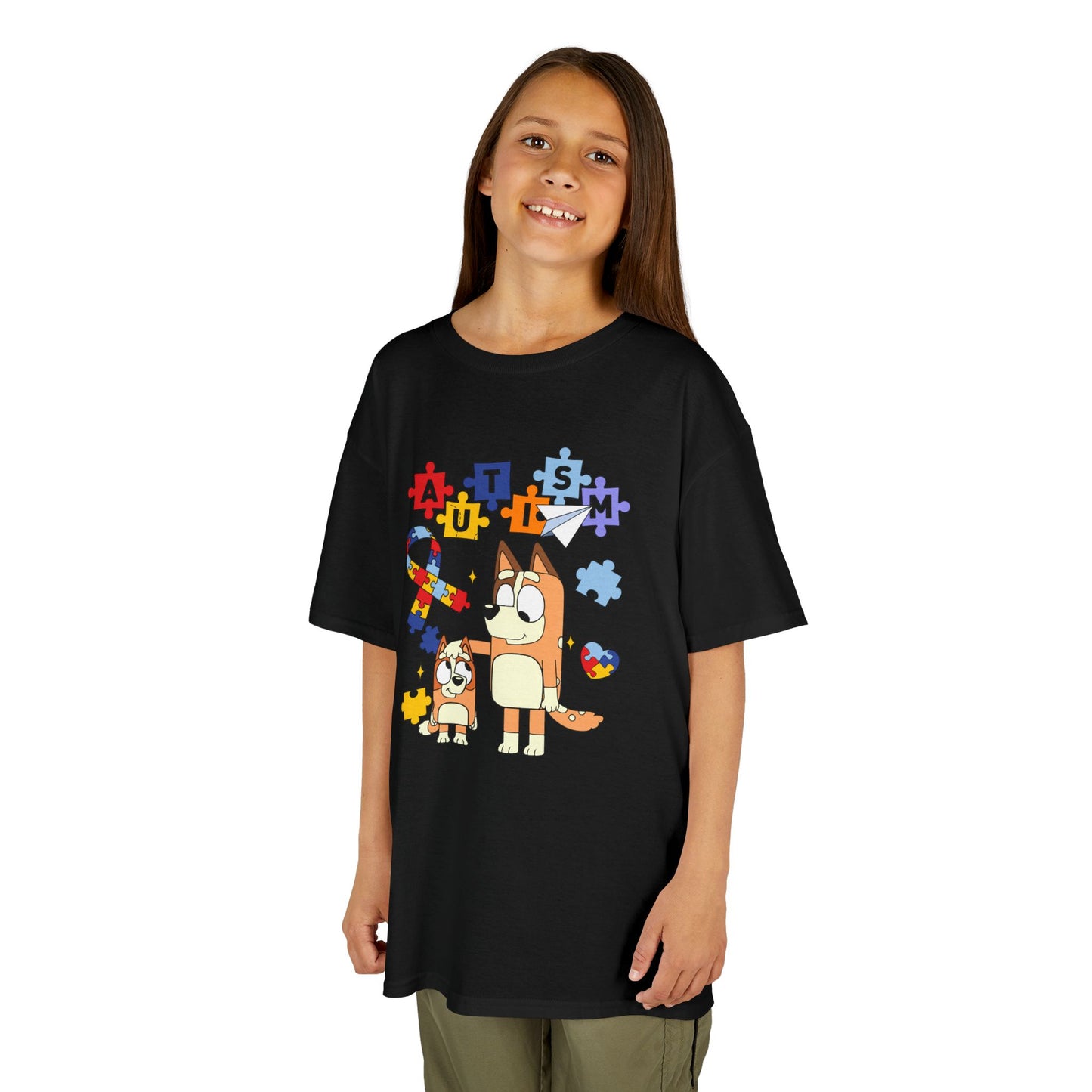 Kids Autism Awareness T-Shirt — Colorful Puzzle Heart & Cartoon Dog Design