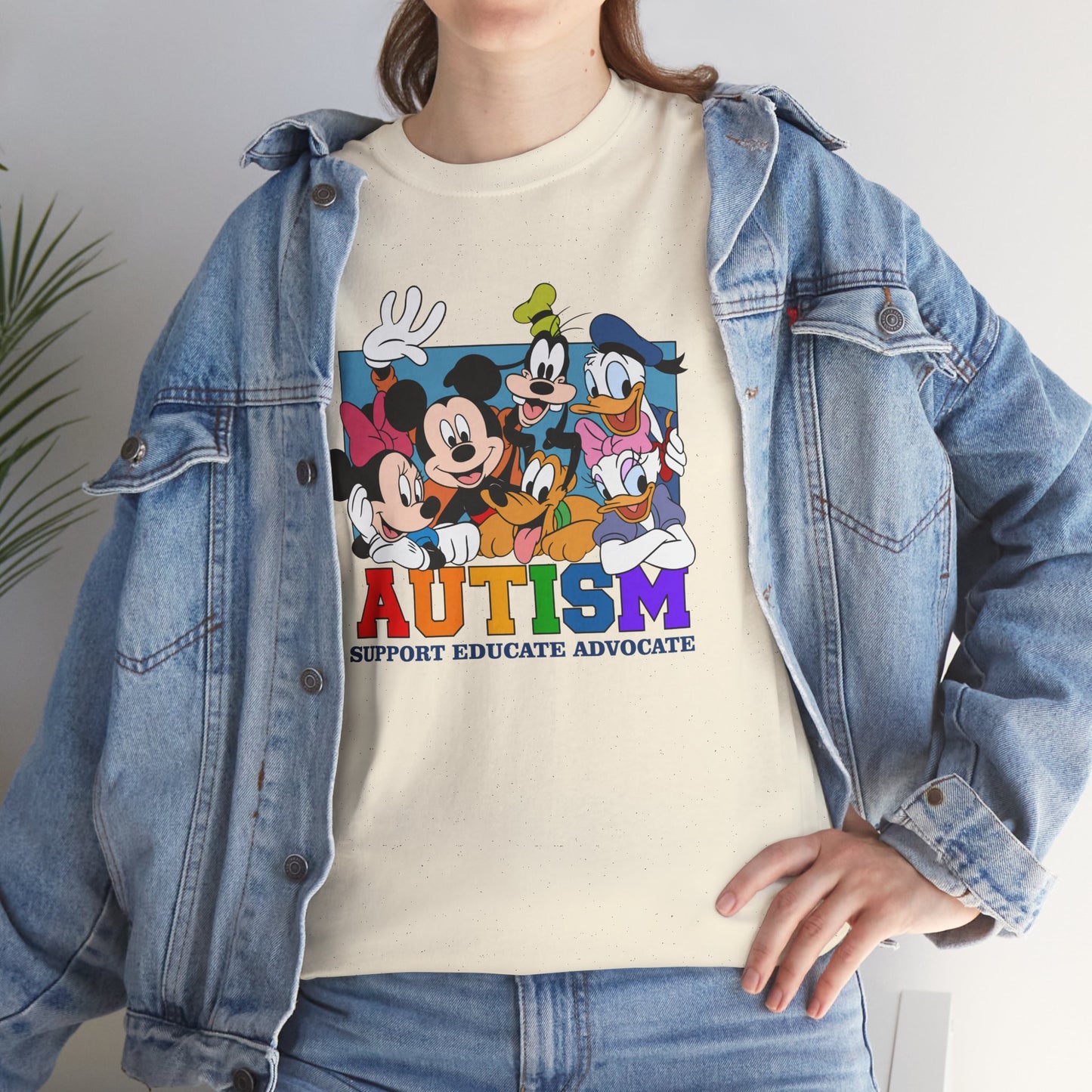 Autism Awareness T-Shirt — "AUTISM: Support Educate Advocate" with Cartoon Characters