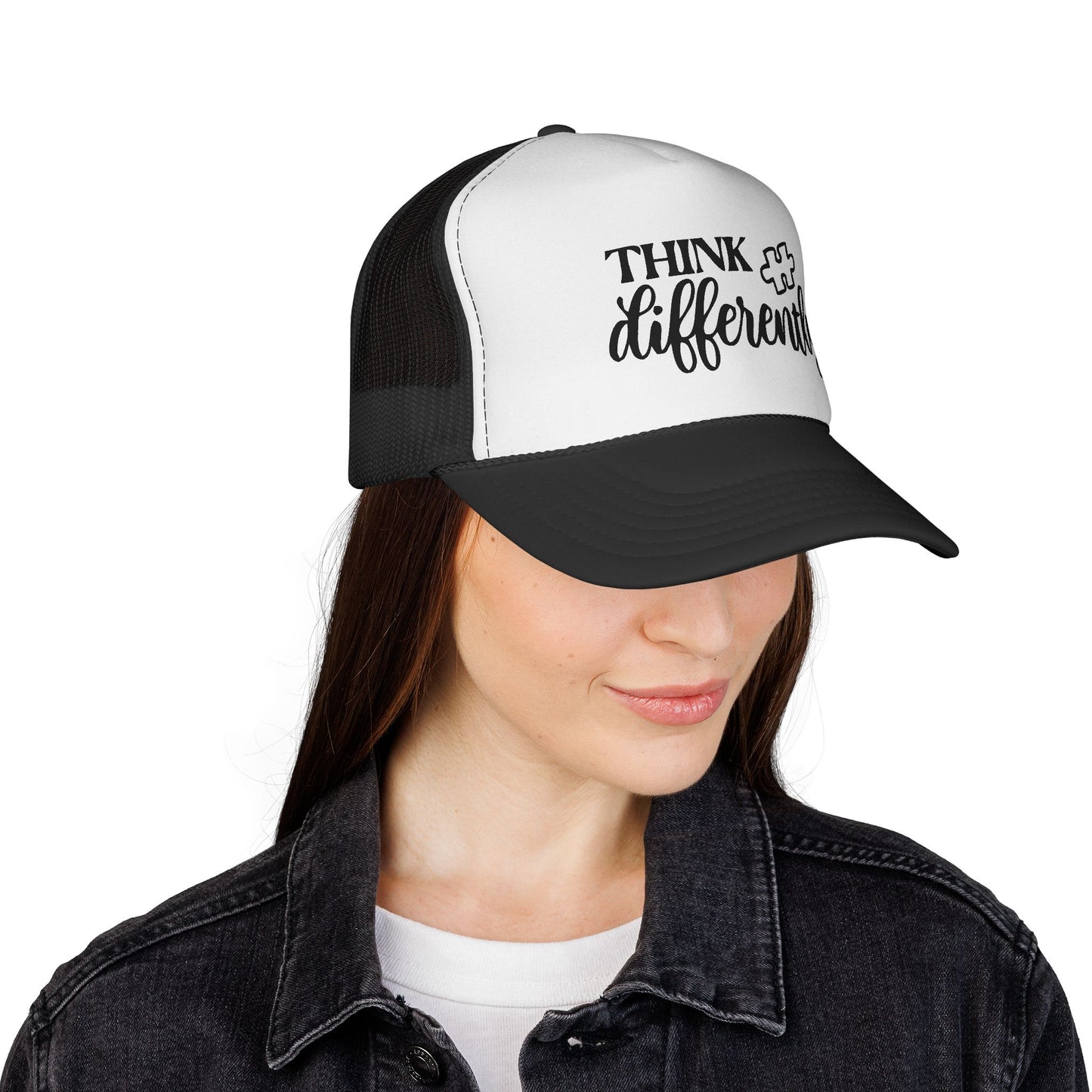 Think Differently Trucker Hat — Inspirational Puzzle Piece Cap