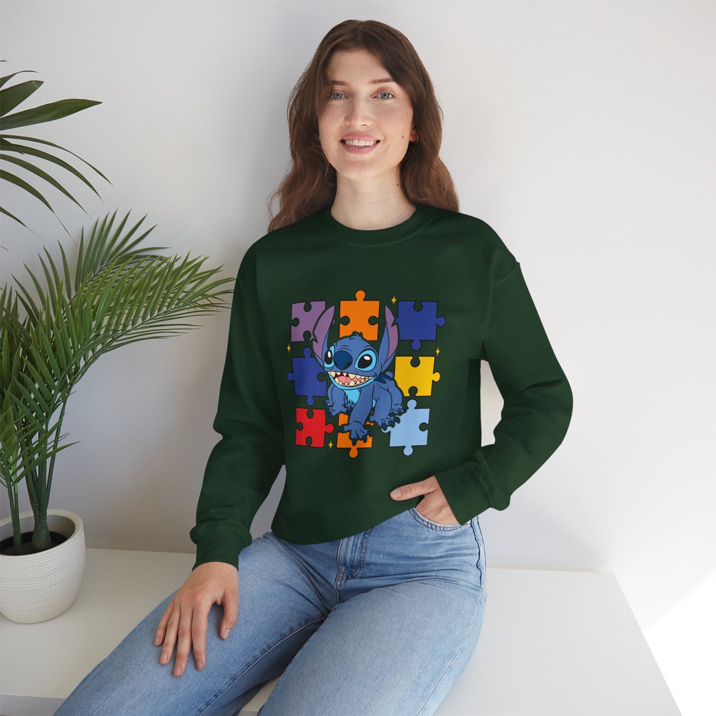 Stitch Puzzle Crewneck Sweatshirt — Cute Blue Alien on Colorful Jigsaw Design