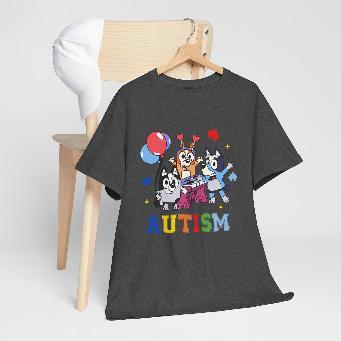 Autism Awareness Kids Tee — Colorful Cartoon Characters with 'AUTISM' Text