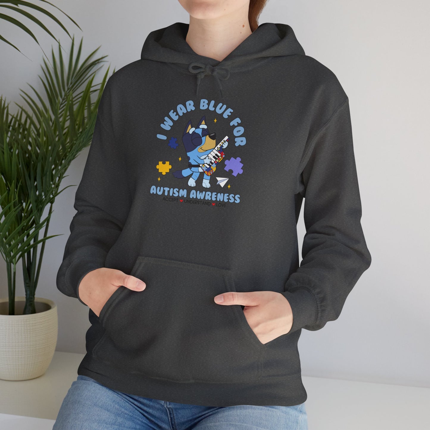Hoodie — Cute Blue Dog “I Wear Blue for Autism” Graphic Hoodie (Cozy Pet Lover Gift)