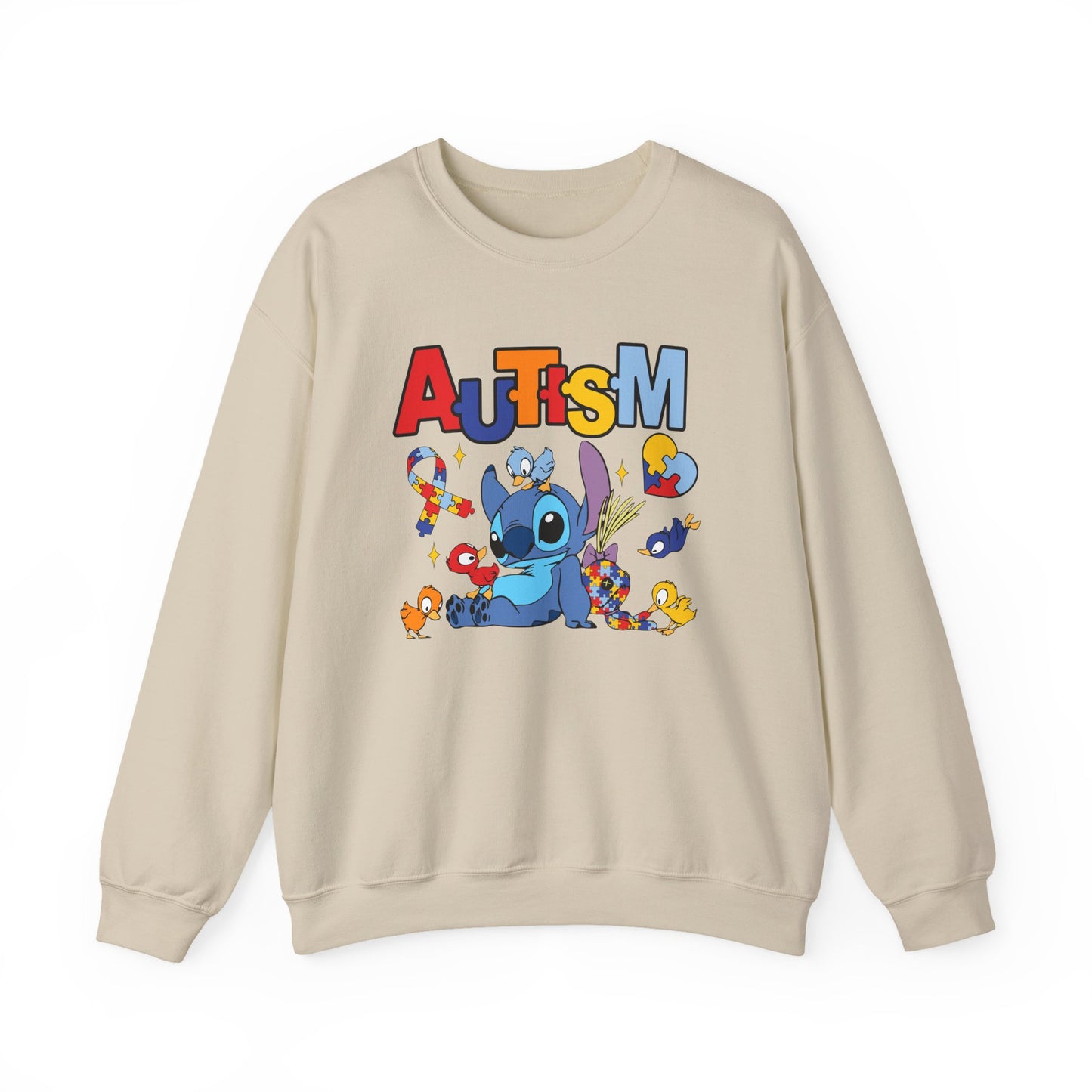 Autism Awareness Crewneck Sweatshirt — Colorful Puzzle Ribbon Stitch-Inspired Design