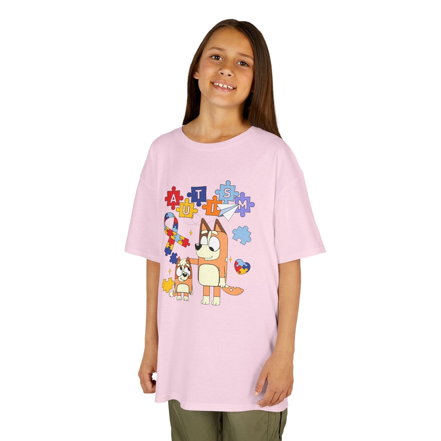 Kids Autism Awareness T-Shirt — Colorful Puzzle Heart & Cartoon Dog Design