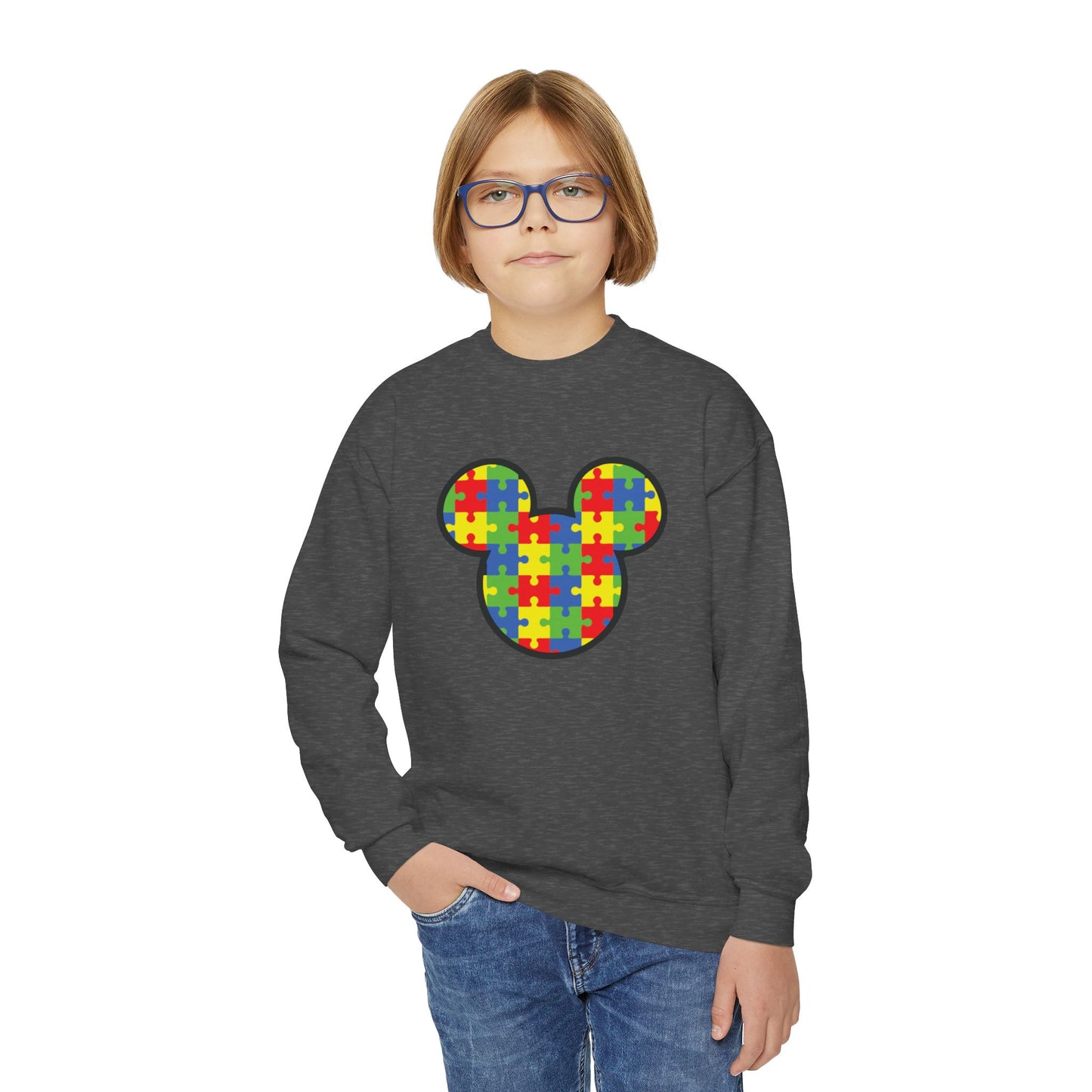Puzzle Mickey Youth Crewneck Sweatshirt - Colorful Autism Awareness Design