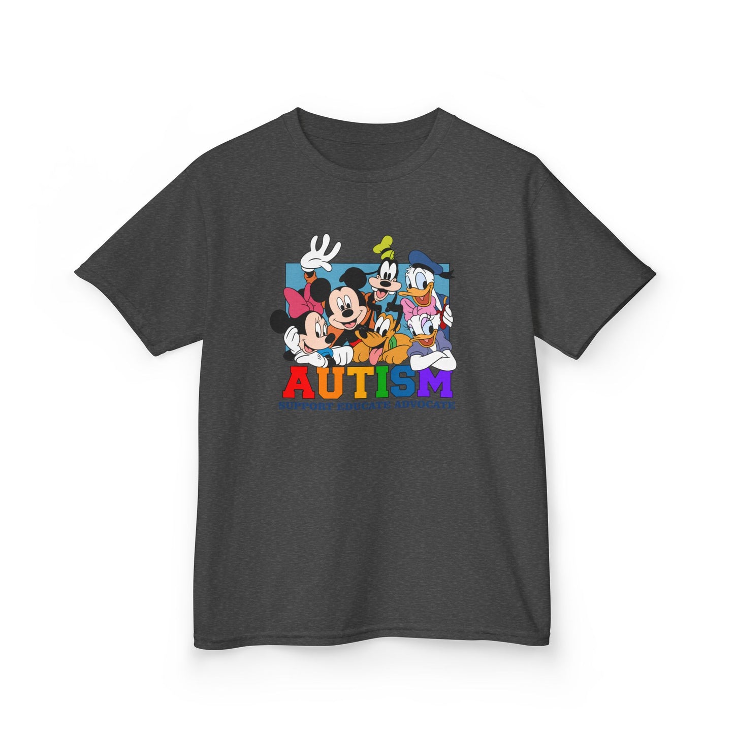 Kids Autism Awareness T-Shirt — Support, Educate, Advocate (Rainbow Letters)
