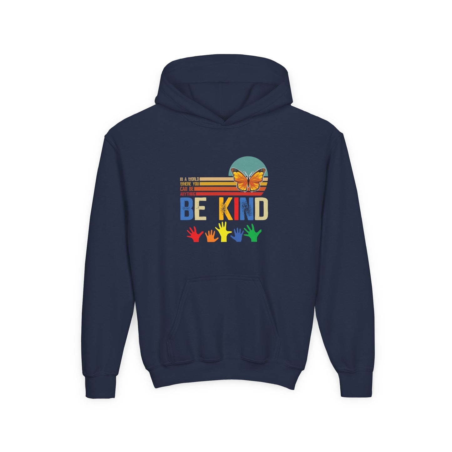 Be Kind Youth Hoodie - Colorful Butterfly & Handprint Design