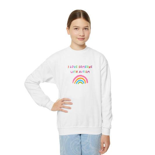 Youth Crewneck Sweatshirt — "I Love Someone With Autism" Rainbow Awareness Pullover