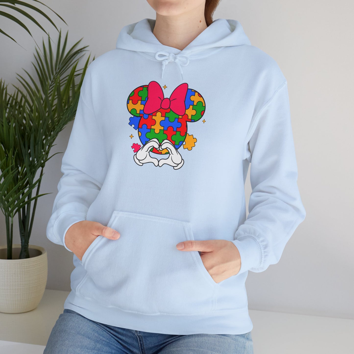 Autism Awareness Puzzle Minnie Hoodie – Colorful Puzzle-Heart Minnie Mouse Design