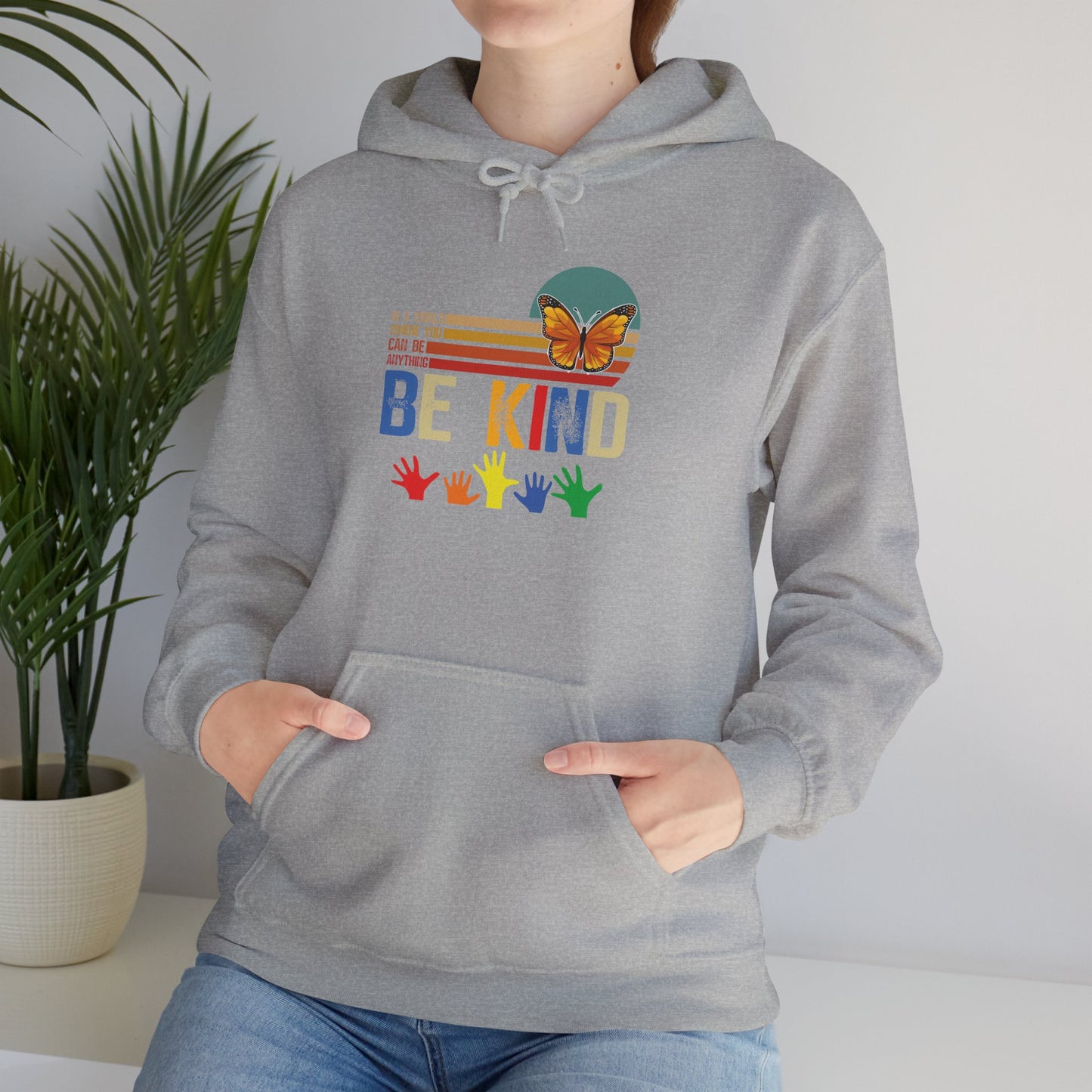 Be Kind Rainbow Hoodie — Retro Sunset Hands Kindness Sweatshirt