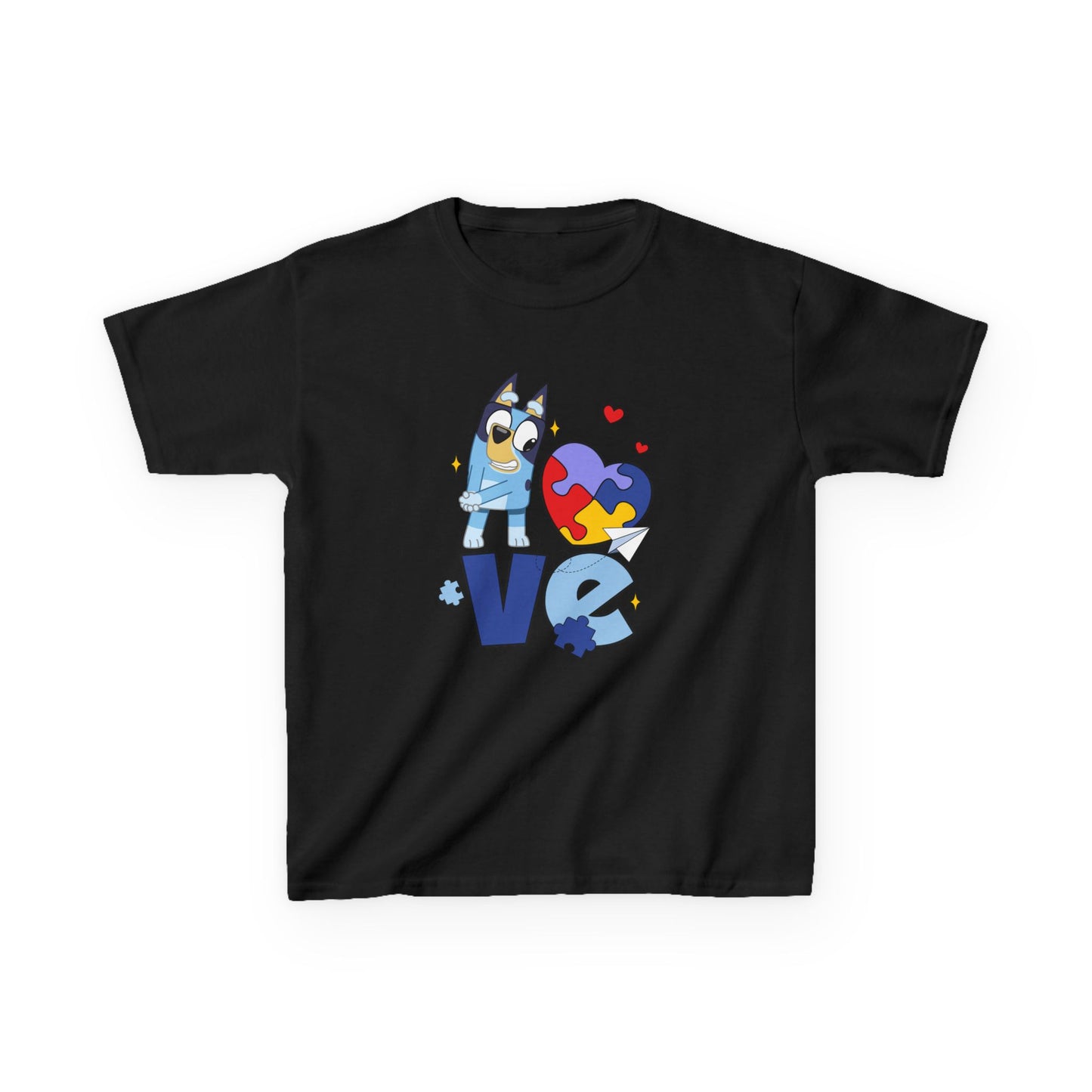 Kids Tee — 'LOVE' Puzzle Heart & Cartoon Character Autism Awareness Shirt