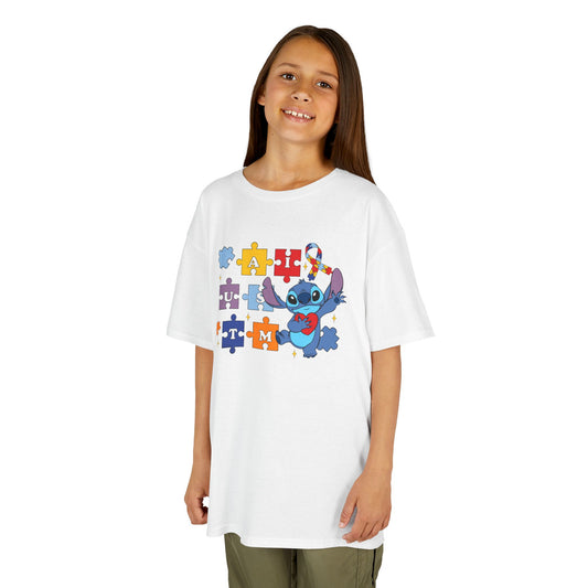 Autism Puzzle Ribbon Kids Tee — Cute Stitch Awareness T-Shirt