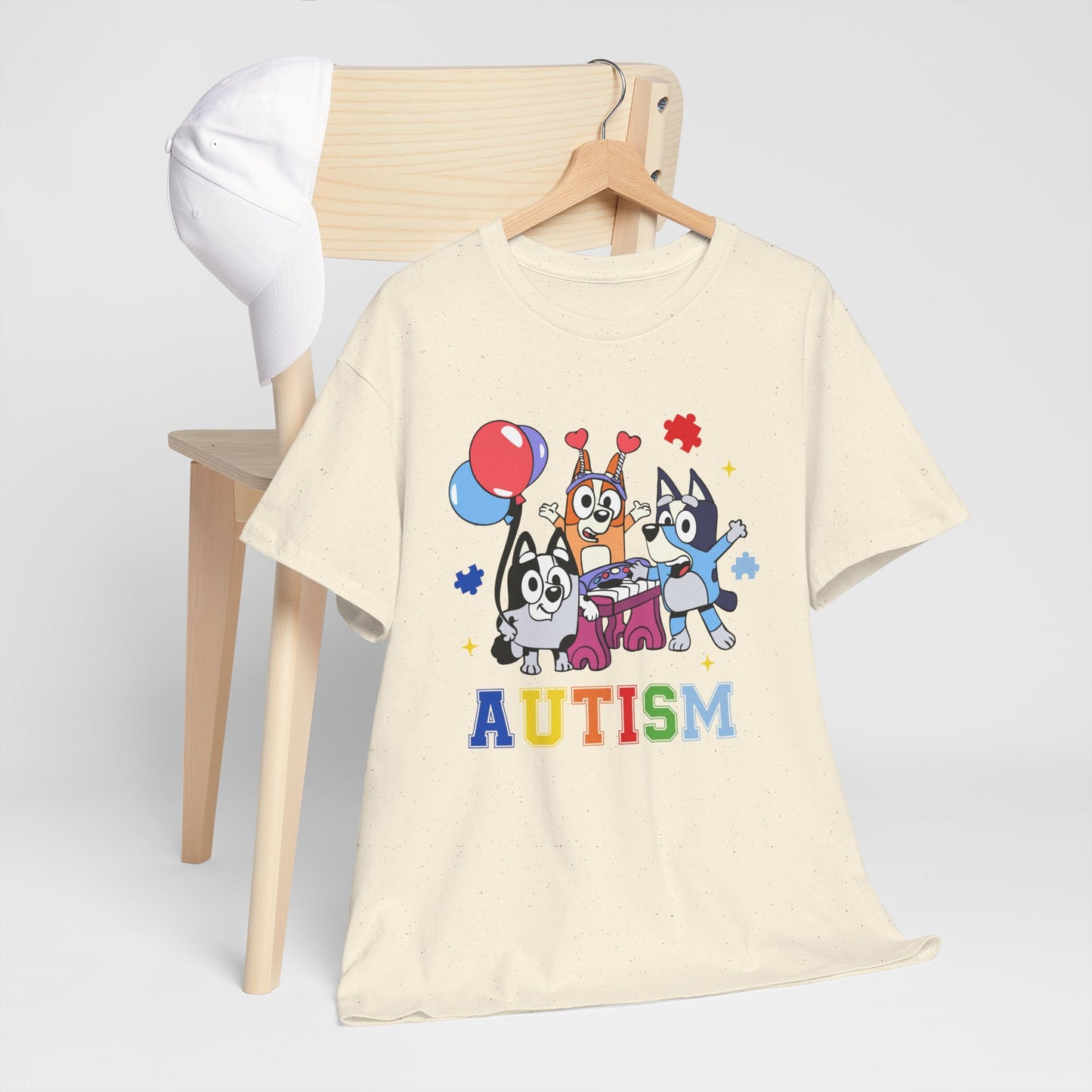 Autism Awareness Kids Tee — Colorful Cartoon Characters with 'AUTISM' Text