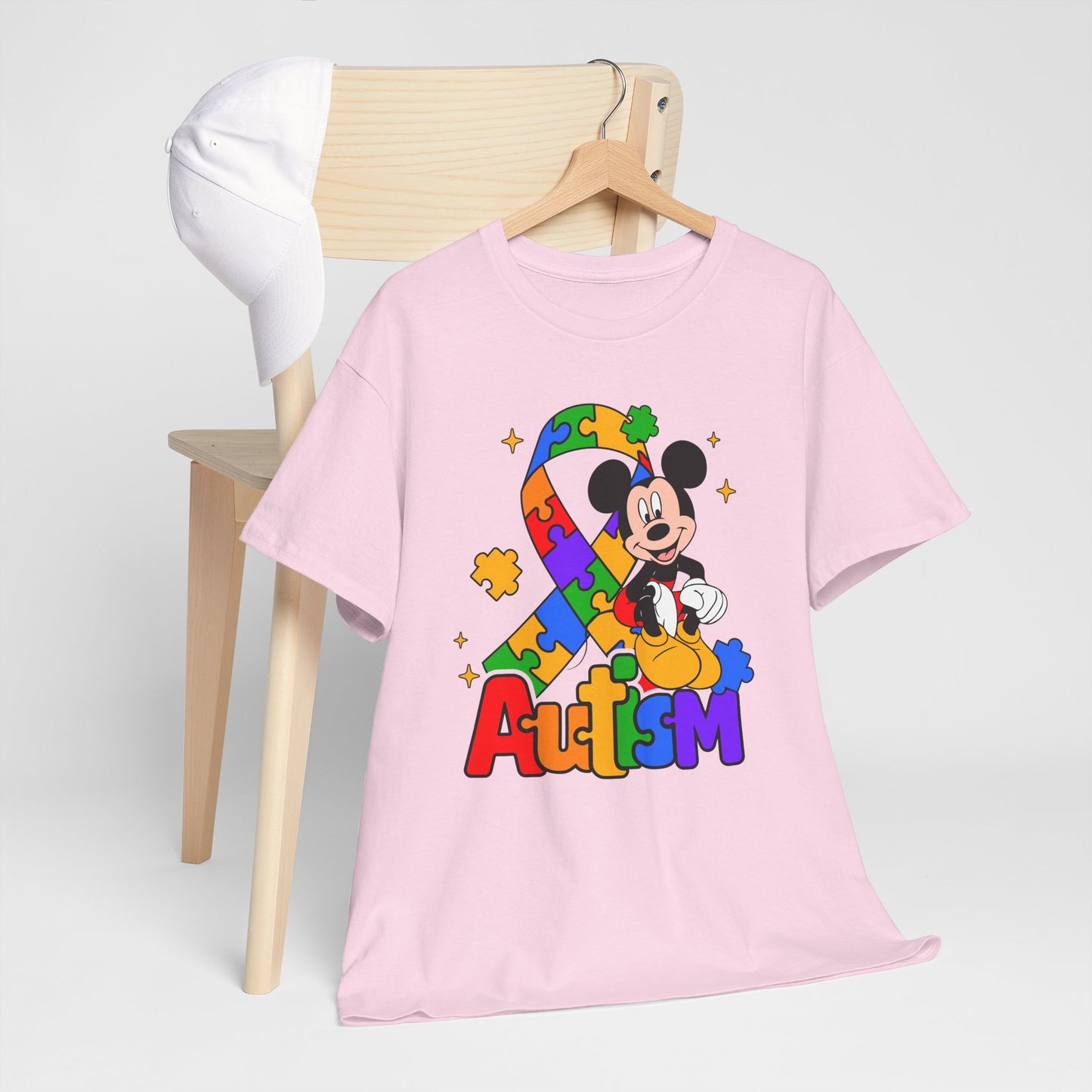 Autism Awareness Tee — Colorful Puzzle Ribbon & Cartoon Mouse Design