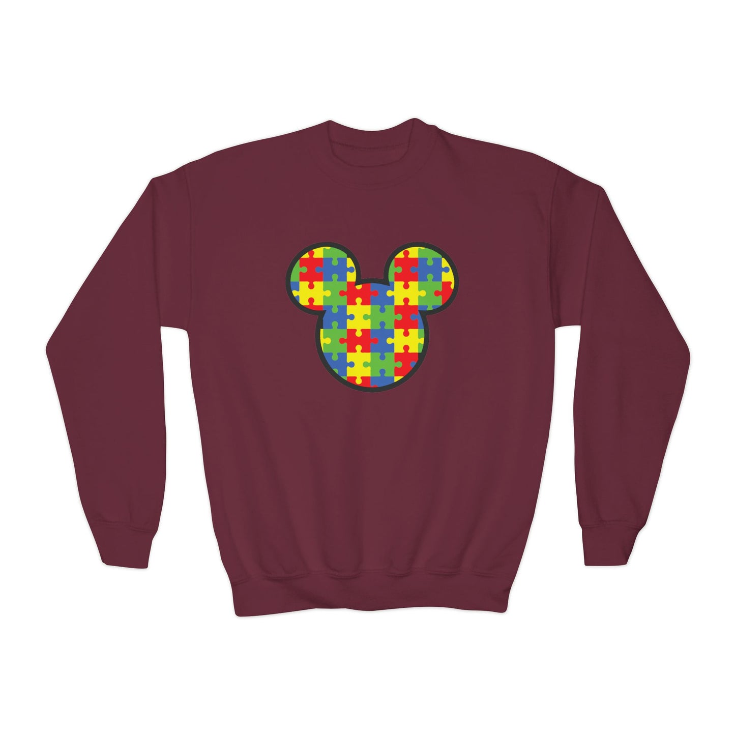 Puzzle Mickey Youth Crewneck Sweatshirt - Colorful Autism Awareness Design