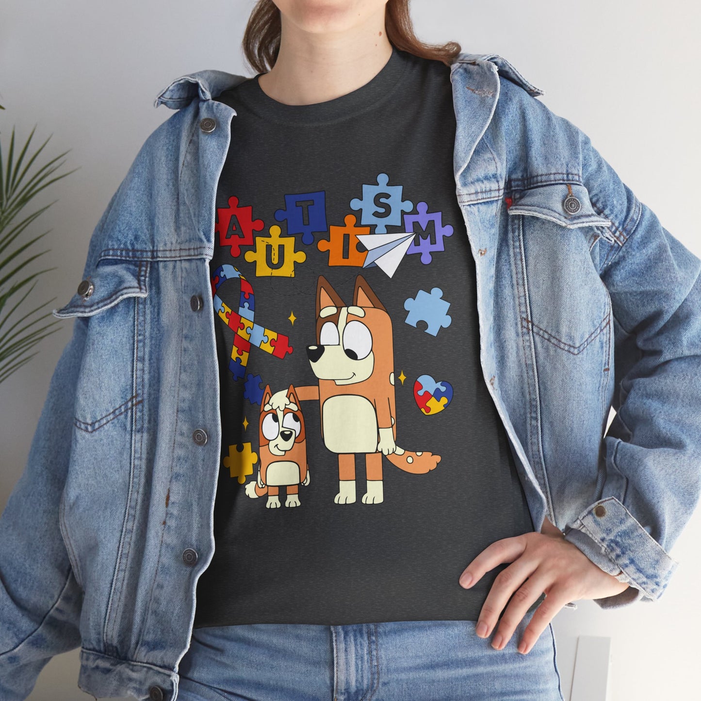 Autism Awareness Puzzle Ribbon Tee — Cute Red Dog Family Design