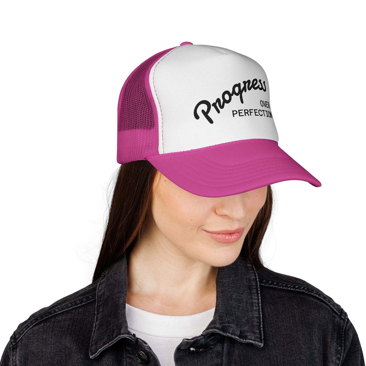 Progress Over Perfection Trucker Cap — Motivational Mesh Baseball Hat