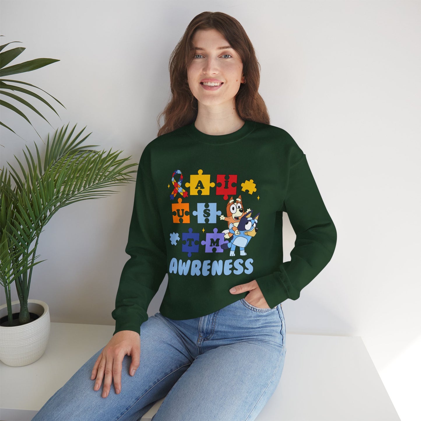 Autism Awareness Crewneck Sweatshirt — Puzzle Ribbon Support Design