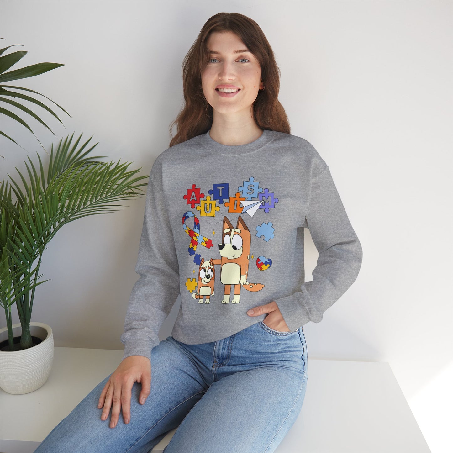 Autism Awareness Crewneck Sweatshirt — Puzzle Ribbon & Cartoon Dogs